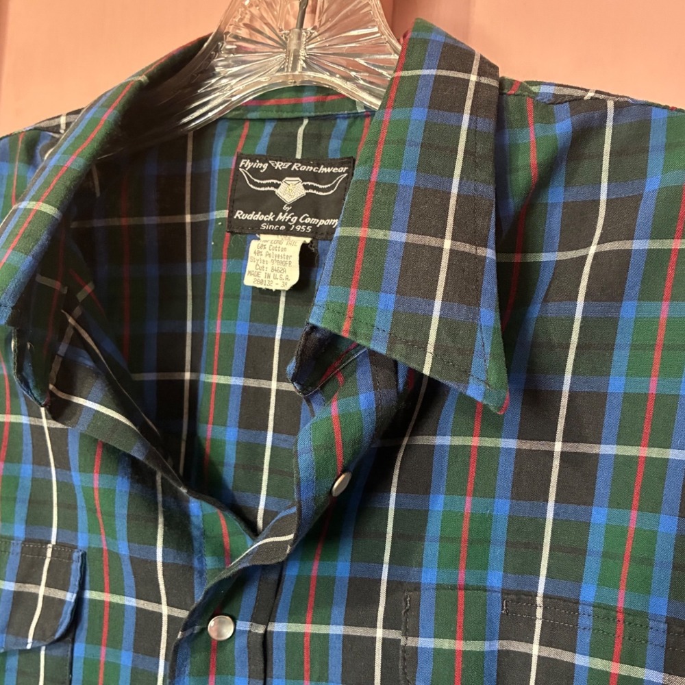 Vintage Flying R Ranchwear Western Shirt Mens 15.5 M Plaid Pearl Snap USA Made